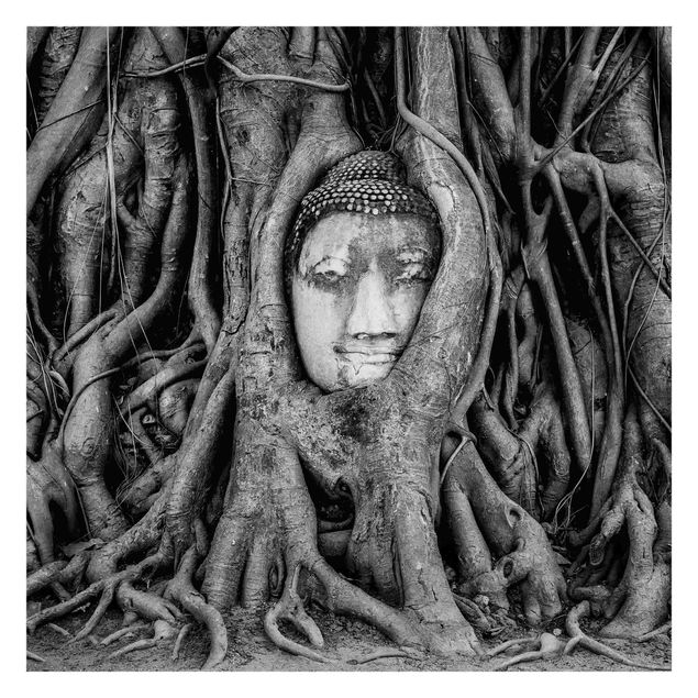 Papier peint - Buddha In Ayutthaya Lined From Tree Roots In Black And White