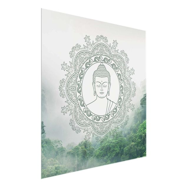 Tableau verre montagne Mandala de Bouddha dans le brouillard