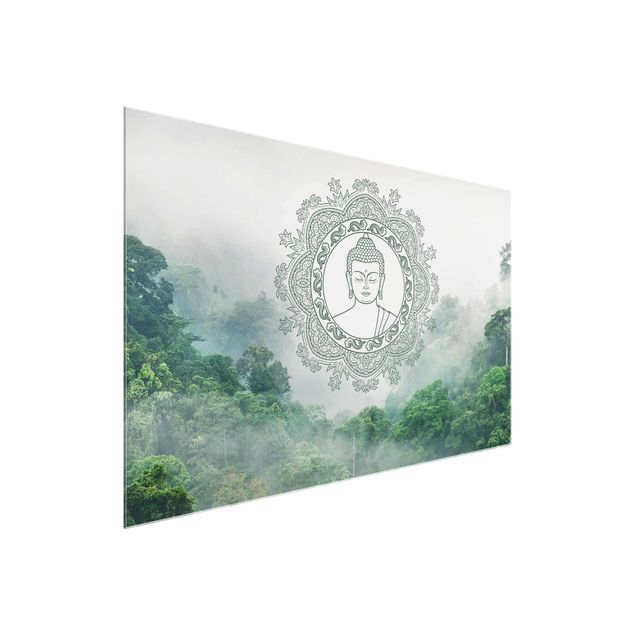 Tableau verre montagne Mandala de Bouddha dans le brouillard