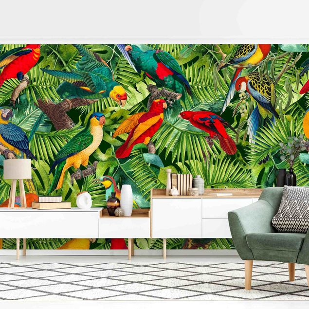 Papiers peints oiseaux Collage colorato - Pappagalli nella giungla
