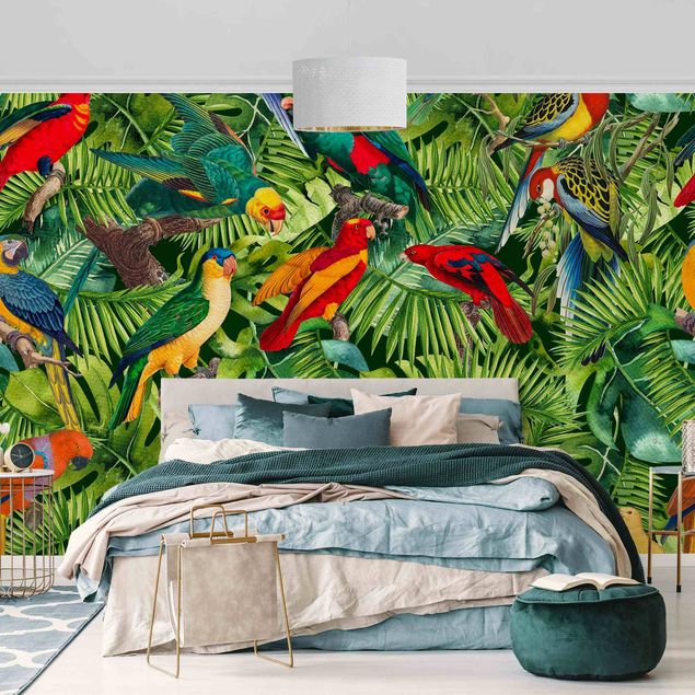 Papiers peints modernes Collage colorato - Pappagalli nella giungla