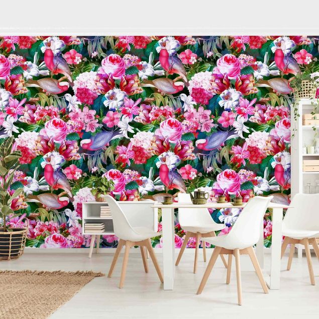 Papier peint moderne Fleurs Tropicales Colorées avec Oiseaux Rose
