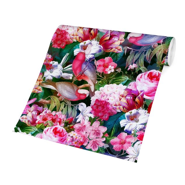 Papier peint fleurs Fleurs Tropicales Colorées avec Oiseaux Rose