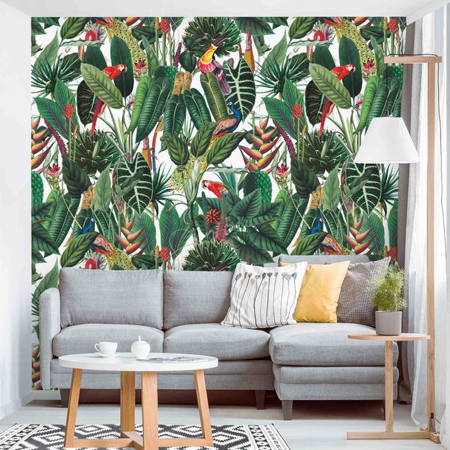 Papiers peints oiseaux Motif coloré forêt tropicale humide