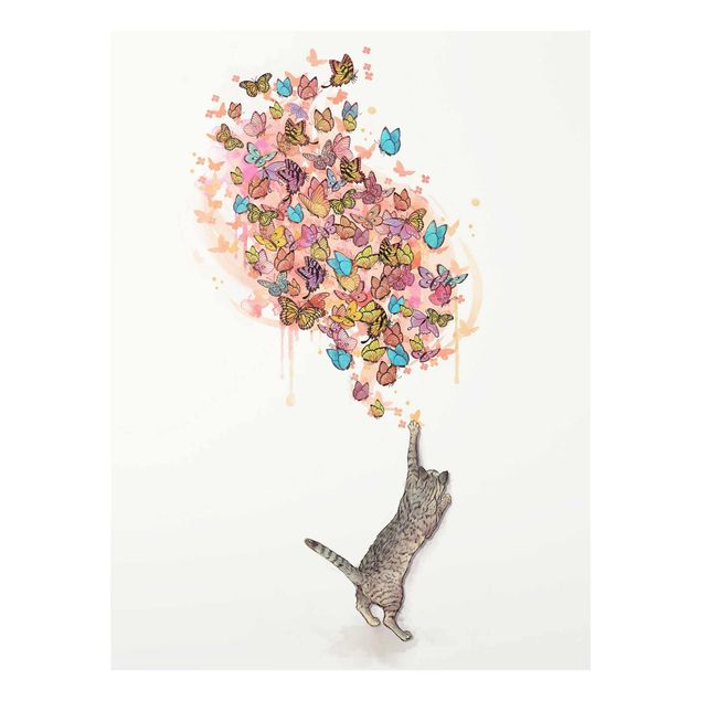 Tableau moderne Illustration Chat avec Papillons Colorés Peinture