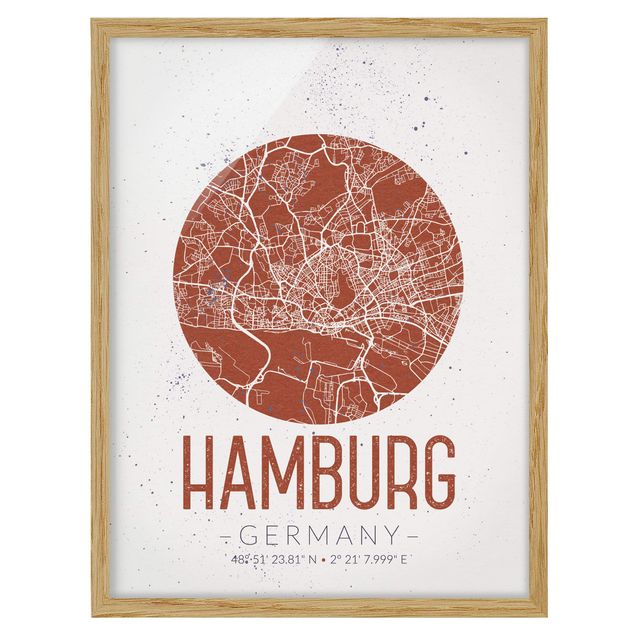 Tableaux encadrés citations Plan de ville de Hambourg - Rétro