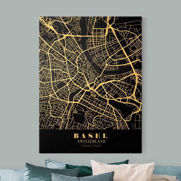 Tableaux carte du monde Plan de ville de Bâle - Noir classique