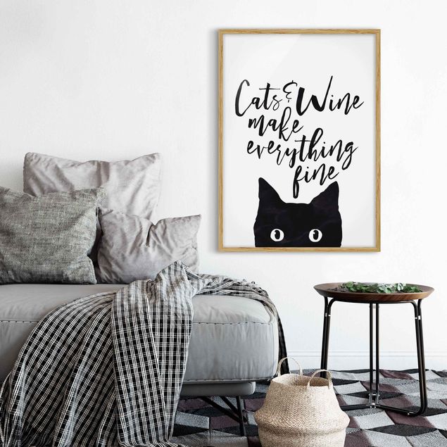 Tableaux encadrés noir et blanc Cats And Wine make Everything Fine - Chats et vin