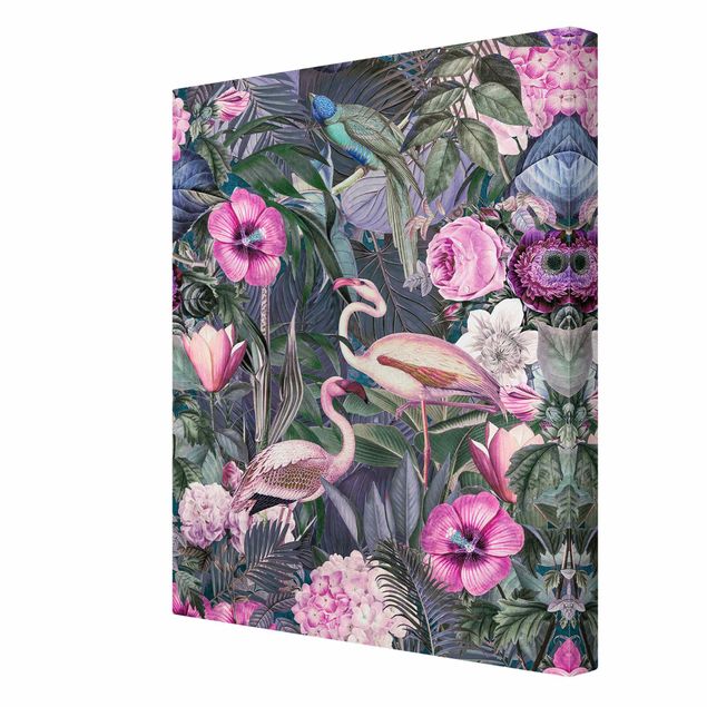 Tableau fleurs Collage coloré - Flamants roses dans la jungle
