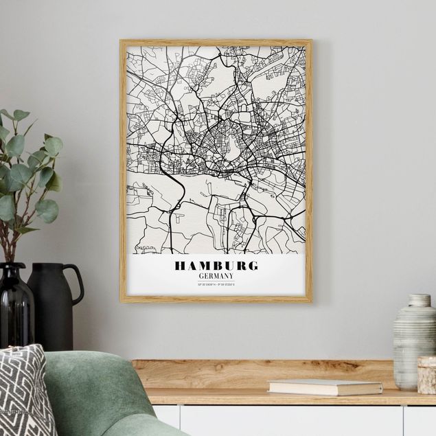 Tableaux encadrés noir et blanc Plan de ville de Hambourg - Classique