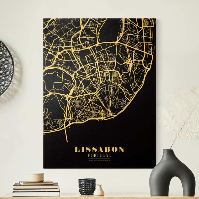 Tableaux mappemonde Plan de ville de Lisbonne - Noir classique