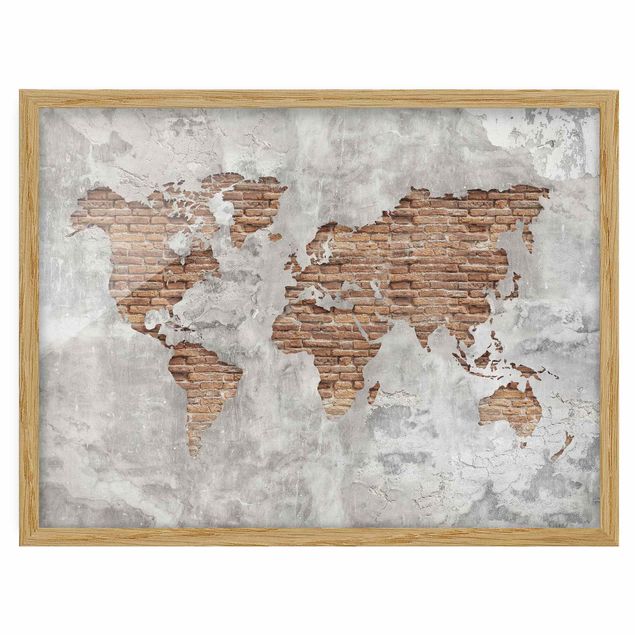 Tableaux encadrés mappemonde Carte du Monde en Brique de Béton Shabby
