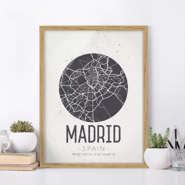 Affiches encadrées noir et blanc Plan de ville de Madrid - Rétro