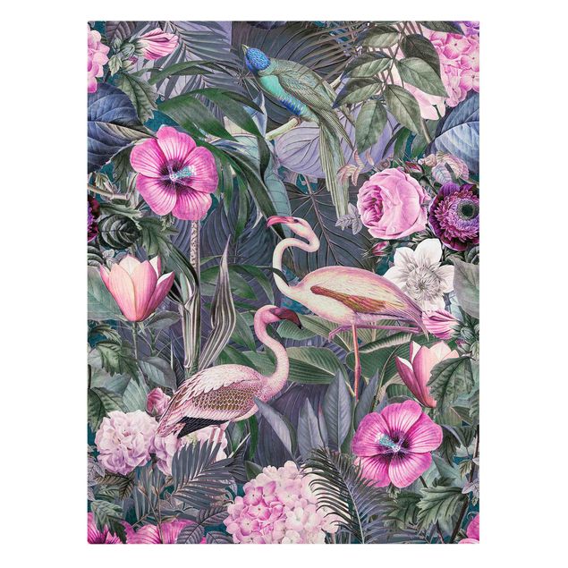 Tableau moderne Collage coloré - Flamants roses dans la jungle