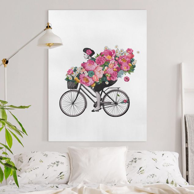 Tableau décoration Illustration Femme à Bicyclette Collage Fleurs Colorées