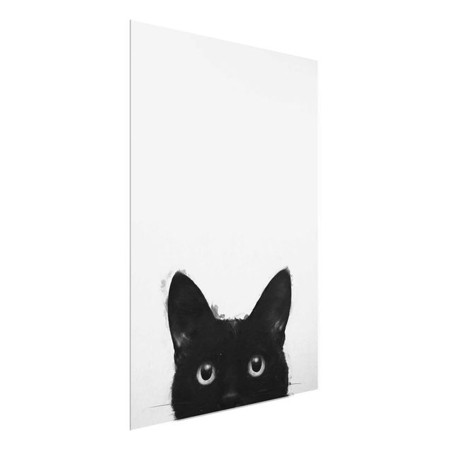 Tableaux en verre noir et blanc Illustration Chat Noir sur Peinture Blanche