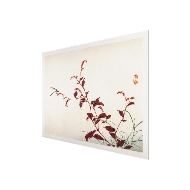 Tableau décoration Dessin vintage asiatique Branche rouge avec libellule