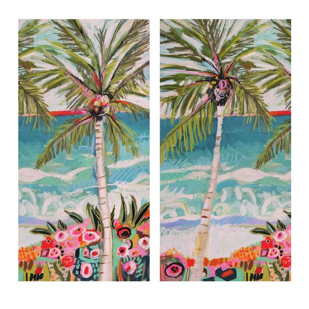 Tableau toile paysage Palmier avec fleurs roses Lot I