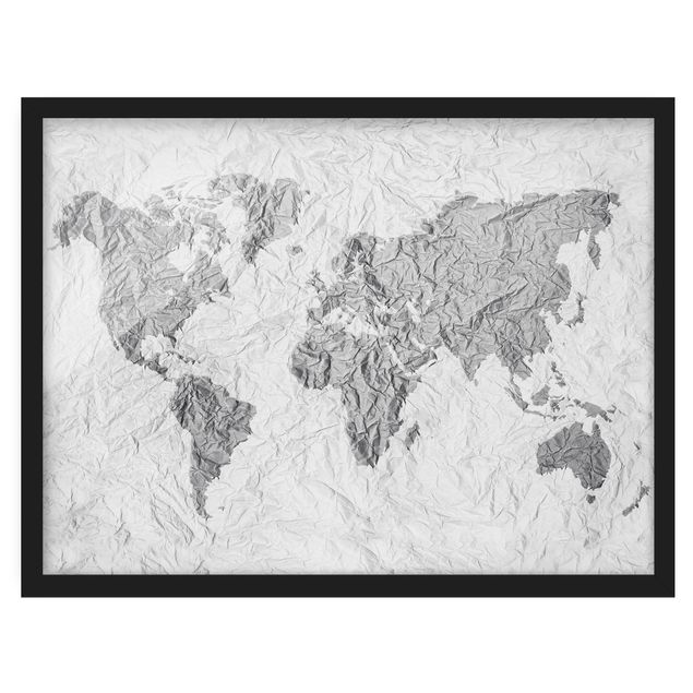 Poster encadré - Paper World Map White Grey
