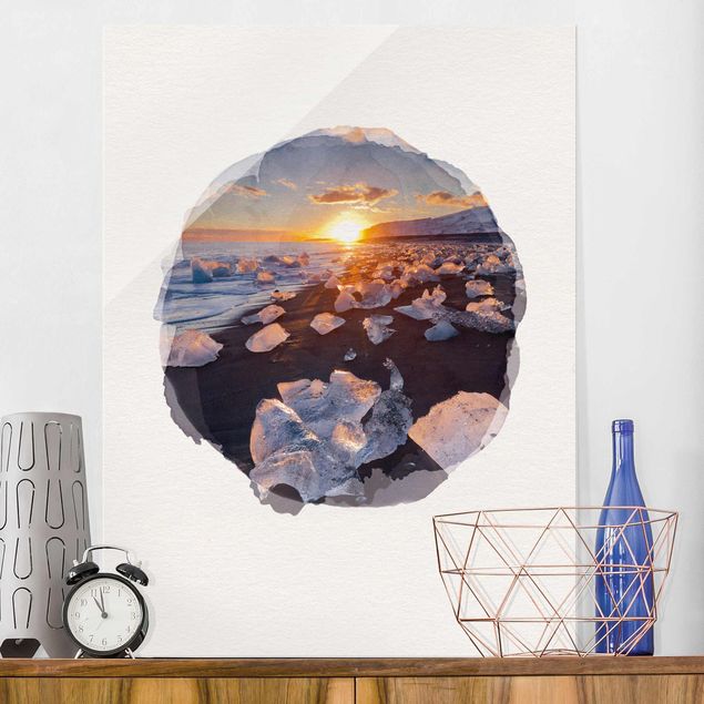 Tableaux de Rainer Mirau Aquarelles - Morceaux de glace sur la plage Islande