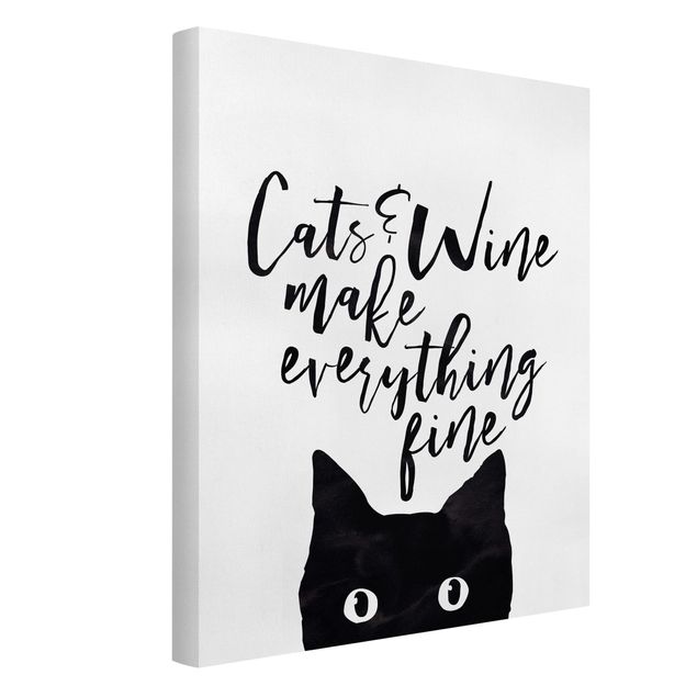 Tableaux sur toile en noir et blanc Cats And Wine make Everything Fine - Chats et vin