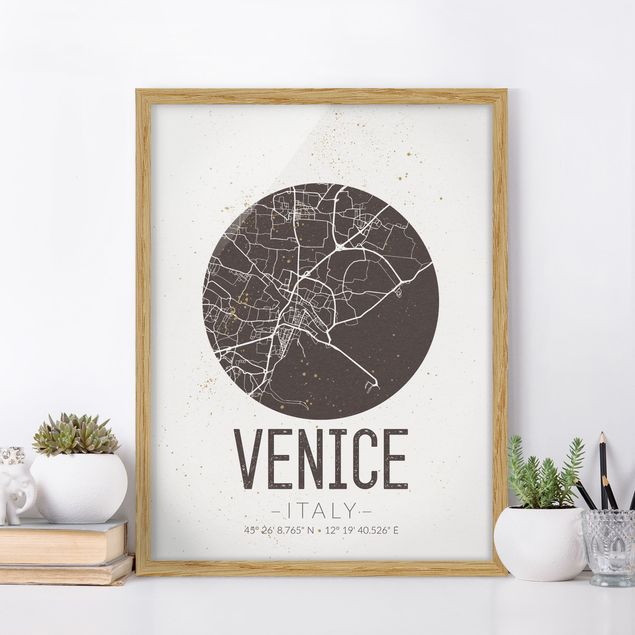 Tableaux encadrés noir et blanc Plan de la ville de Venise - Rétro