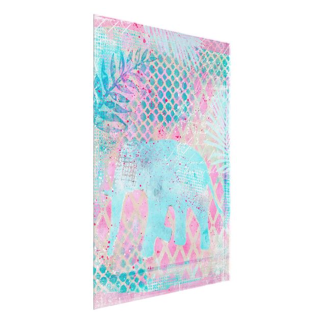 Tableaux en verre fleurs Collage coloré - Eléphant en bleu et rose