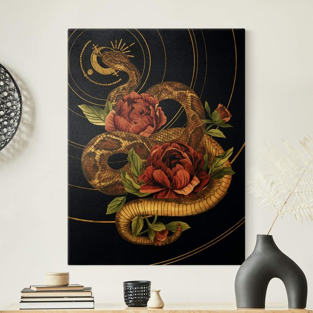 Tableaux animaux Serpent avec Roses Noir Et Or I