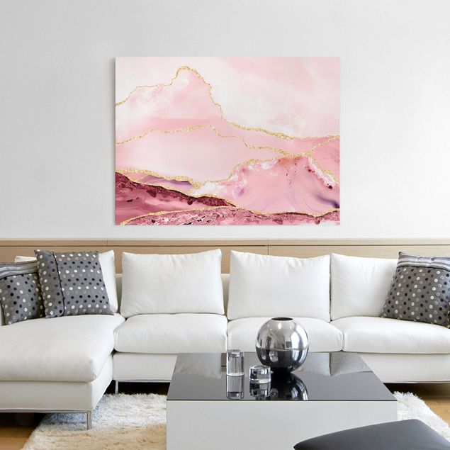 Toile paysage montagne Abstract Mountains Pink With Golden Lines