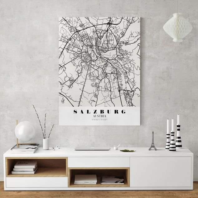 Tableaux sur toile en noir et blanc Plan de ville de Salzbourg - Classique