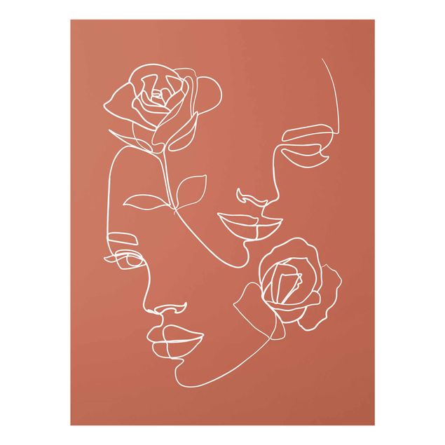 Tableaux en verre fleurs Line Art Visages Femmes Roses Cuivre