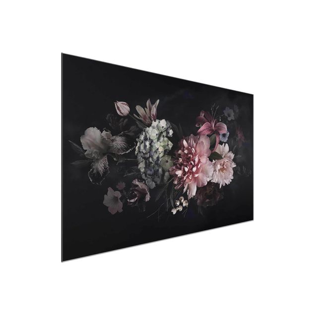 Tableaux en verre fleurs Fleurs et brouillard sur fond noir