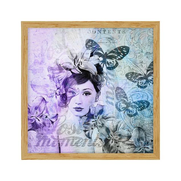 Tableaux encadrés animaux Collage Shabby Chic - Portrait avec papillons