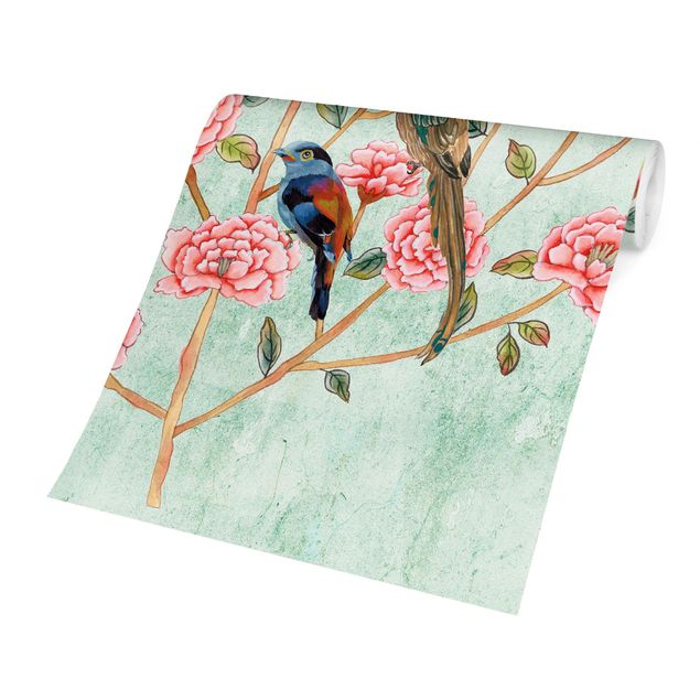 papier peint fleuri Collage de Chinoiserie en menthe