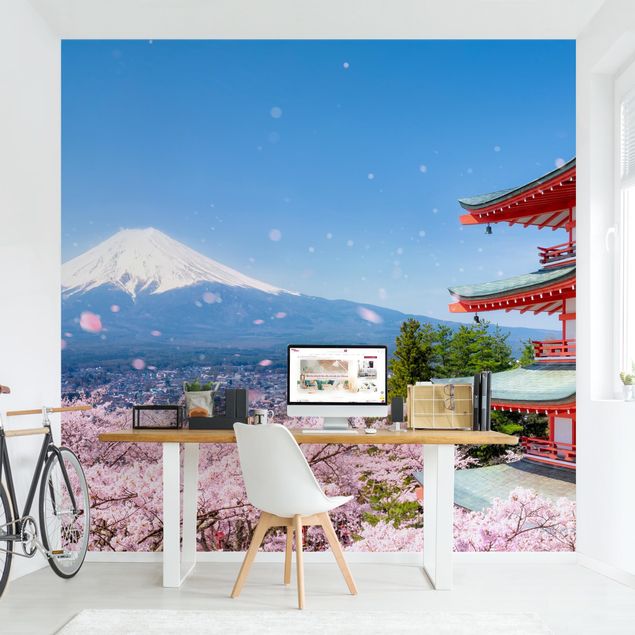 papier peint fleuri Pagode Chureito et Mont Fuji