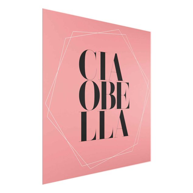 Tableaux citations Ciao Bella en hexagones toile de fond rose clair