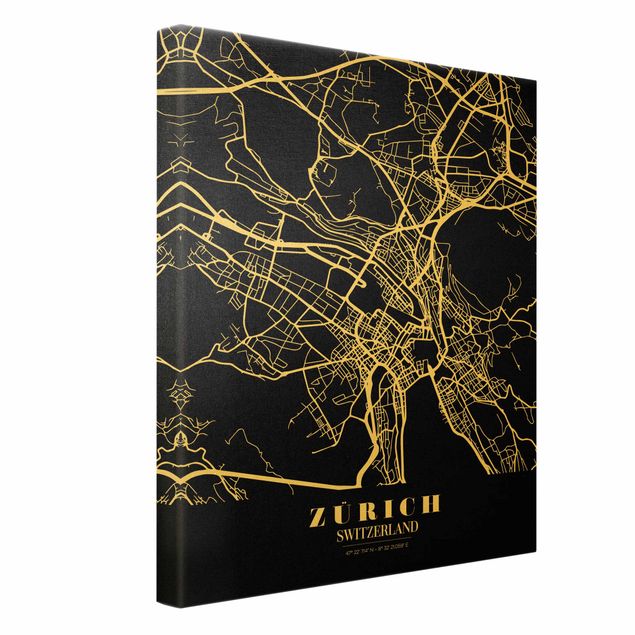 Tableaux toile Plan de ville de Zurich - Noir classique