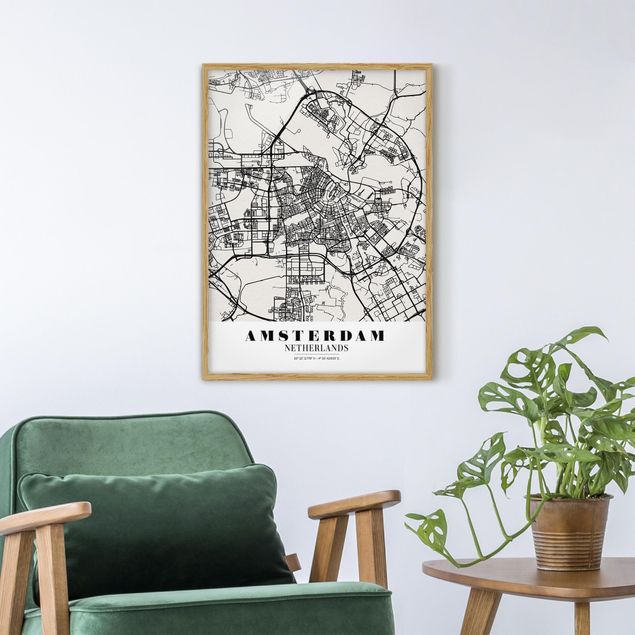 Tableaux encadrés noir et blanc Plan de ville d'Amsterdam - Classique