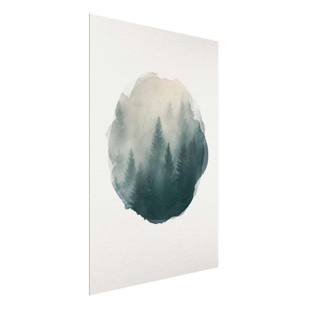 Tableaux arbres Aquarelles - Forêt de conifères dans le brouillard