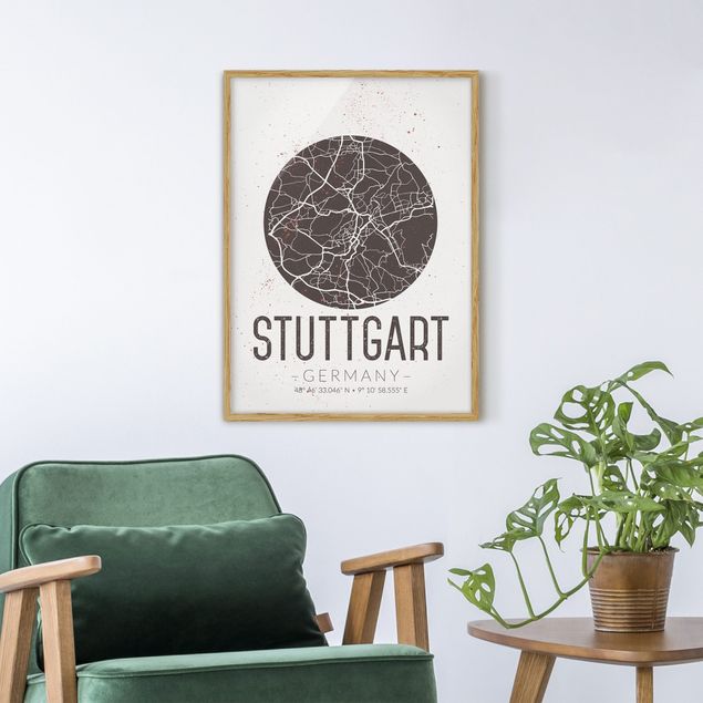 Tableaux encadrés noir et blanc Plan de ville de Stuttgart - Rétro