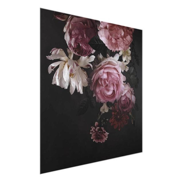 Tableaux en verre fleurs Fleurs roses sur fond noir vintage