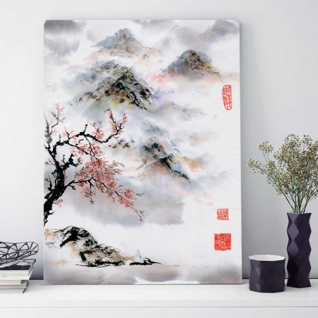 Déco murale cuisine Dessin aquarelle japonais Cerisier et montagnes