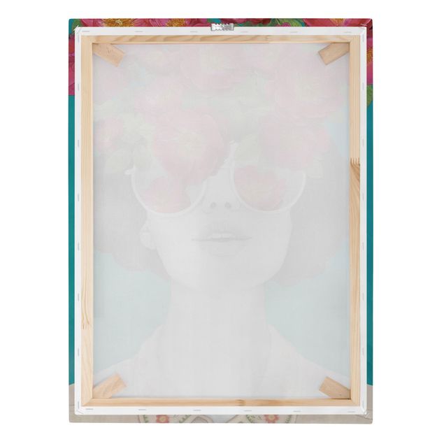 Tableaux multicolore Illustration Portrait Femme Collage avec Fleurs Lunettes