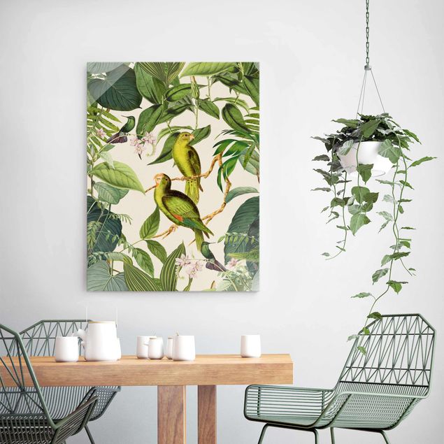 Tableaux en verre fleurs Collage Vintage - Perroquets dans la jungle