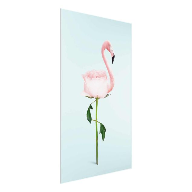Tableaux en verre fleurs Flamant avec une rose