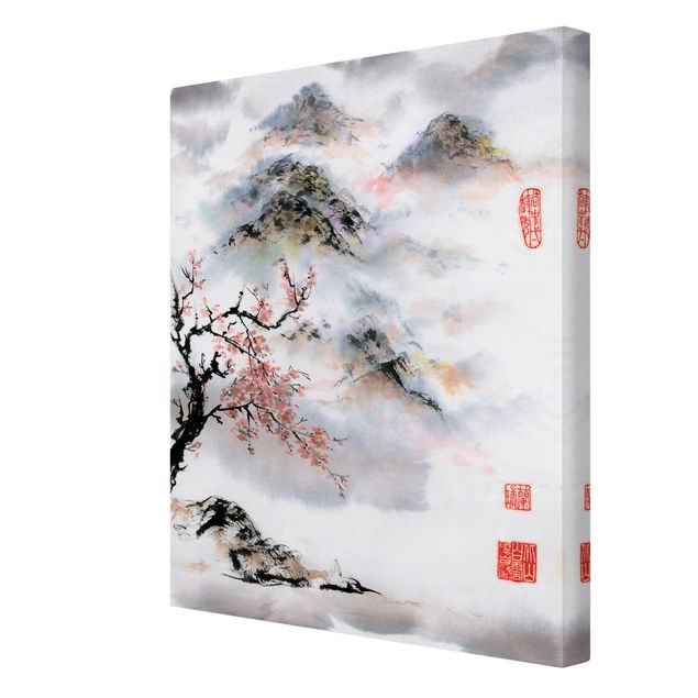 Tableaux fleurs Dessin aquarelle japonais Cerisier et montagnes