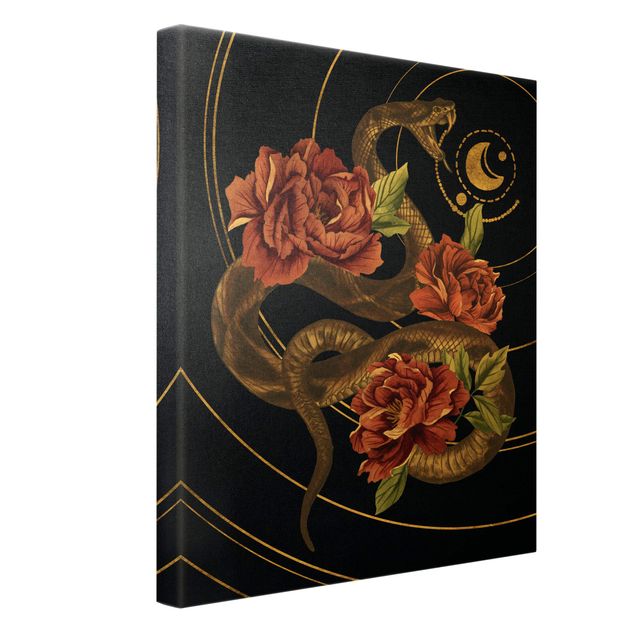 Tableau sur toile or - Snake With Roses Black And Gold II