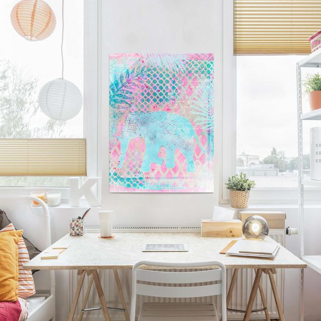 Tableau éléphants Collage coloré - Eléphant en bleu et rose