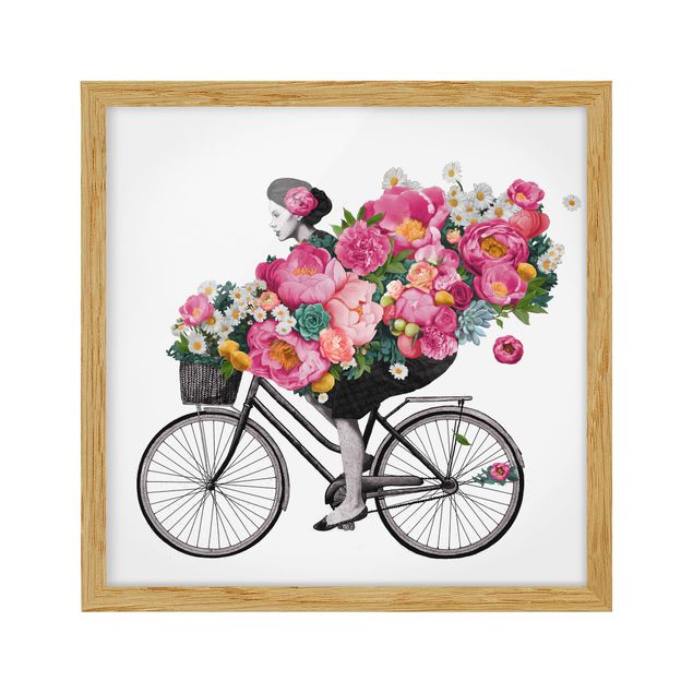 Tableaux fleurs Illustration Femme à Bicyclette Collage Fleurs Colorées