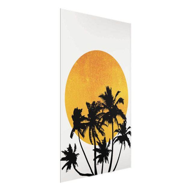 Tableaux en verre fleurs Palmiers devant un soleil doré
